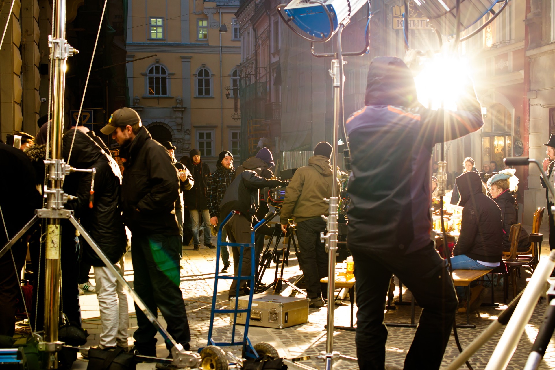 Lviv, Ukraine - March 6, 2015: Work of film crew on the city street. Beer advertizing shooting. Lviv — the city of regional submission in Ukraine, the regional center of the Lviv region.